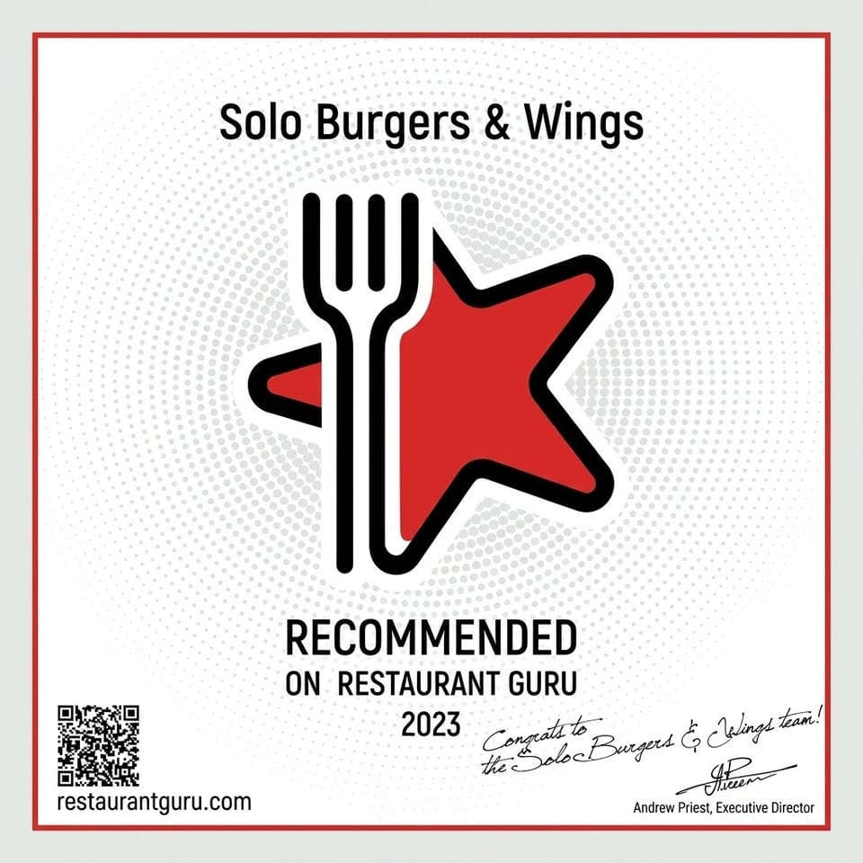 Solo Burgers & Wings Restaurant Guru 2023 recommendation certificate with a fork and star logo.